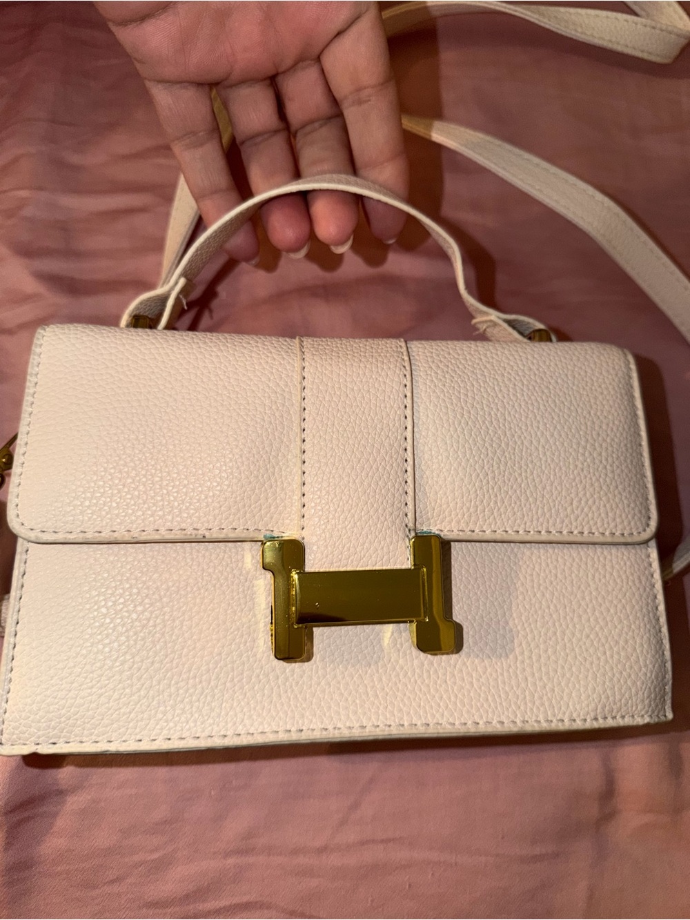 Cream Textured Top-Handle Satchel with Gold H-Clasp. Crossbody or hand held